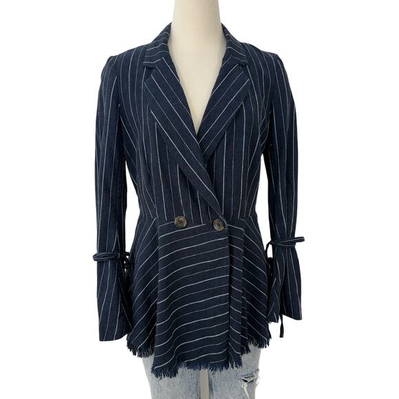 Free People Stella Striped Frayed-Hem Blazer Jacket Navy Blue XS Linen Cotton - Picture 1 of 12